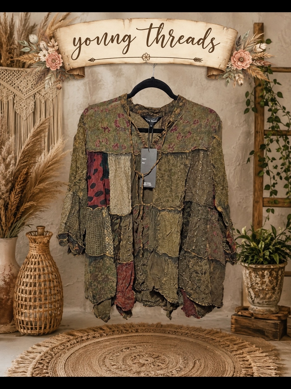 117 Young Threads Olive Patchwork Boho Blouse